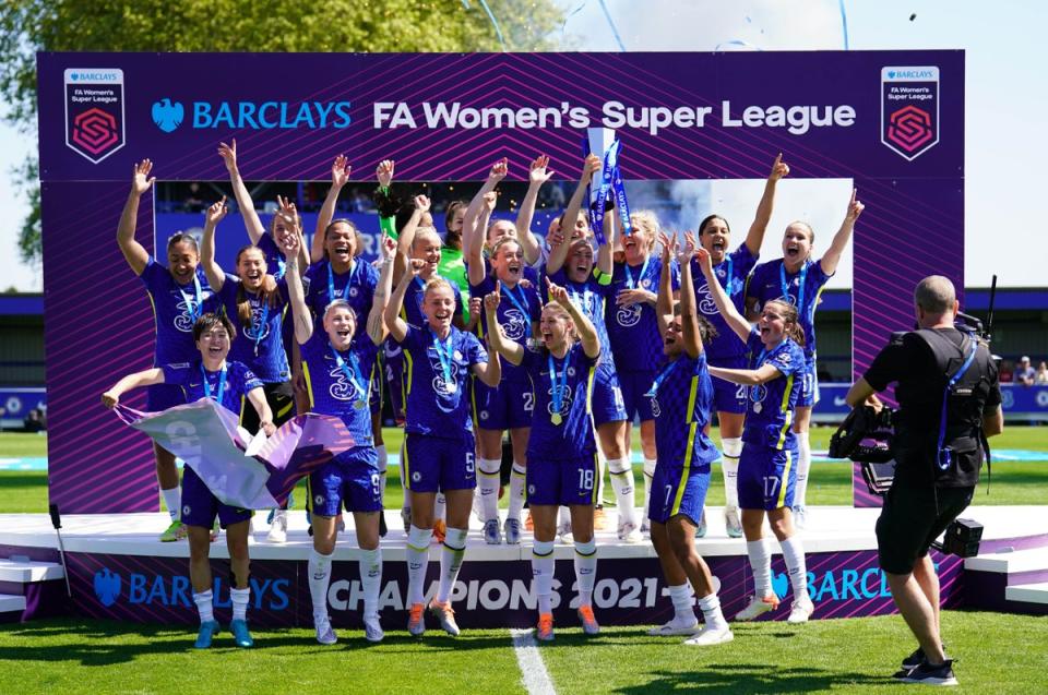 Chelsea celebrate winning last year’s Women’s Super League title (PA)