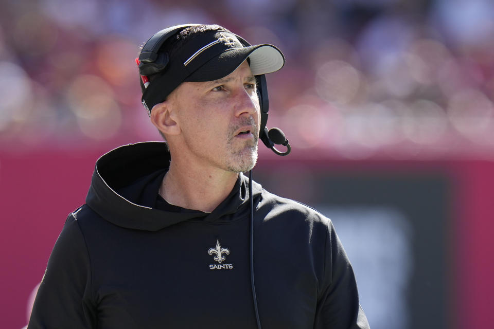 New Orleans Saints head coach Dennis Allen walks on the sideline in the first half of an NFL football game against the Tampa Bay Buccaneers in Tampa, Fla., Sunday, Dec. 31, 2023. (AP Photo/Chris O'Meara)