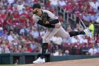 Miami Marlins starting pitcher Pablo Lopez throws during the first inning of a baseball game against the St. Louis Cardinals Monday, June 27, 2022, in St. Louis. (AP Photo/Jeff Roberson)