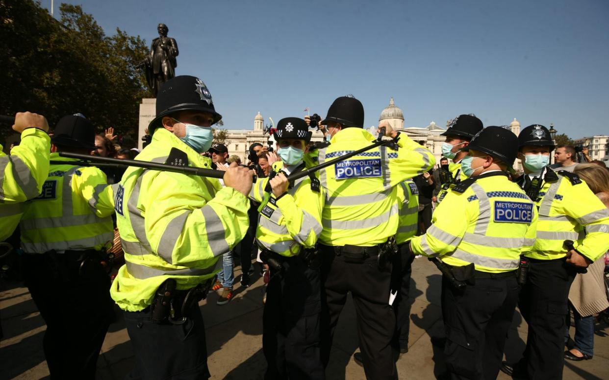 Police presence at an anti-vax protest in London's Trafalgar Square