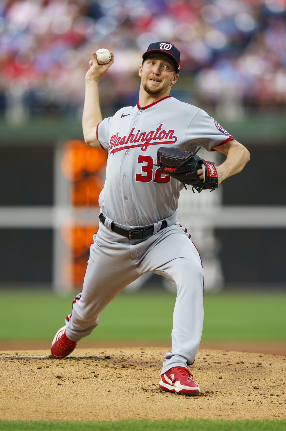 Washington Nationals starting pitcher Erick Fedde throws during the first inning of the team's baseball game against the Philadelphia Phillies, Saturday, Sept. 10, 2022, in Philadelphia. (AP Photo/Chris Szagola)