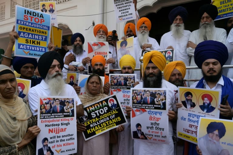 Activists of the Dal Khalsa Sikh organisation, a pro-Khalistan group, stage a demonstration demanding justice for slain Sikh separatist Hardeep Singh Nijjar in September 2023 (Narinder NANU)