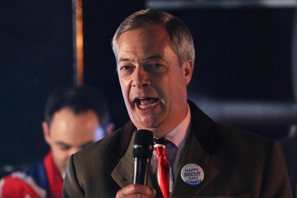 Nigel Farage speaks to pro-Brexit supporters in Parliament Square, London, as the UK prepares to leave the European Union, ending 47 years of close and sometimes uncomfortable ties to Brussels.