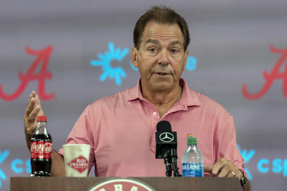 Alabama head coach Nick Saban speaks with the media during NCAA college football media day, Sunday, Aug. 7, 2022, in Tuscaloosa, Ala. (AP Photo/Vasha Hunt)