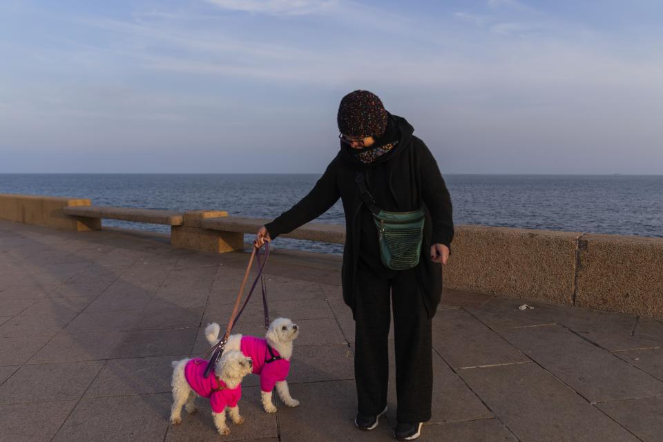 Los perros Sol y Luna caminan con su cuidadora, quien dijo que les da agua embotellada para beber, por la Rambla de Montevideo, Uruguay, el domingo 25 de junio de 2023. (AP Foto/Matilde Campodonico)