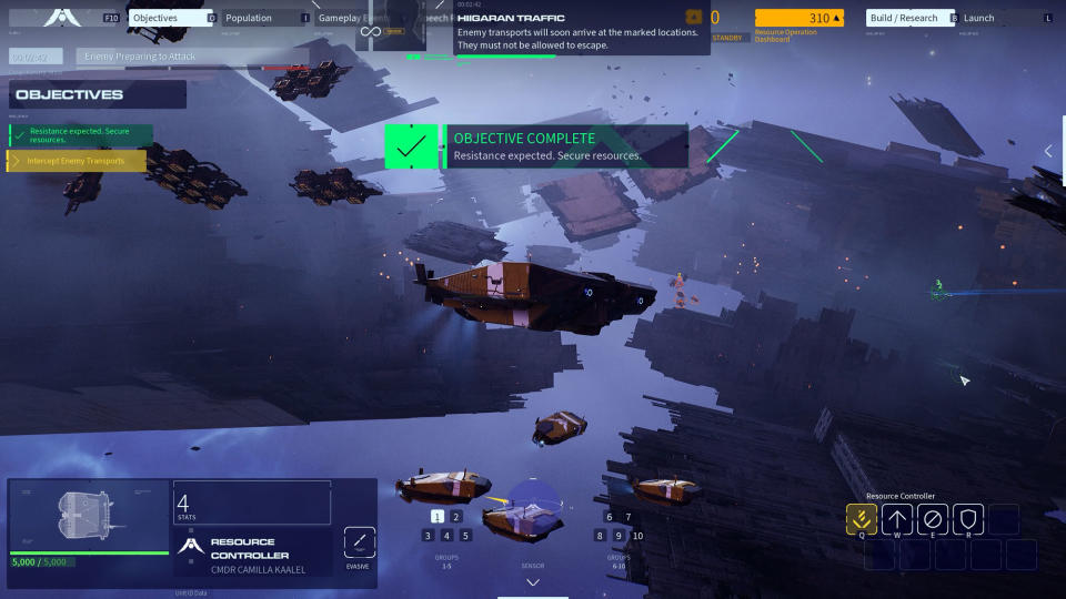 Screen capture from Homeworld 3: War Games showing some ships in front of a dense background of space debris