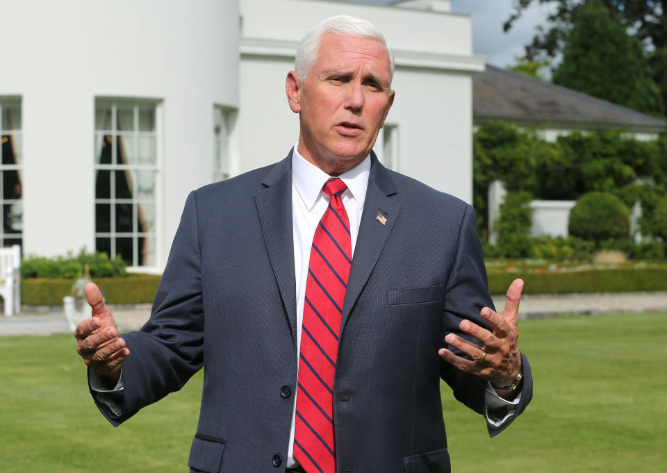 Vice President Mike Pence speaks to the press earlier this week in Dublin, Ireland. (Reuters/Lorraine O'Sullivan)