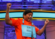 <p>Alex Iyer, 14, from San Antonio, Texas, reacts after spelling his word correctly during the 90th Scripps National Spelling Bee, Thursday, June 1, 2017, in Oxon Hill, Md. (AP Photo/Alex Brandon) </p>