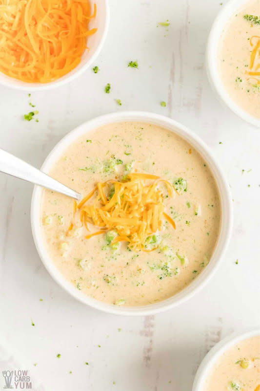 <p>Low Carb Yum</p><p>A blend of broccoli and cheddar cheese that's rich and creamy. It's a heartwarming soup that will become a favorite in fall and winter.</p><p><strong>Get the recipe:</strong> <strong><a href="https://lowcarbyum.com/low-carb-broccoli-cheese-soup/" rel="nofollow noopener" target="_blank" data-ylk="slk:Creamy Low-Carb Broccoli Cheese Soup;elm:context_link;itc:0;sec:content-canvas" class="link rapid-noclick-resp">Creamy Low-Carb Broccoli Cheese Soup</a></strong></p>