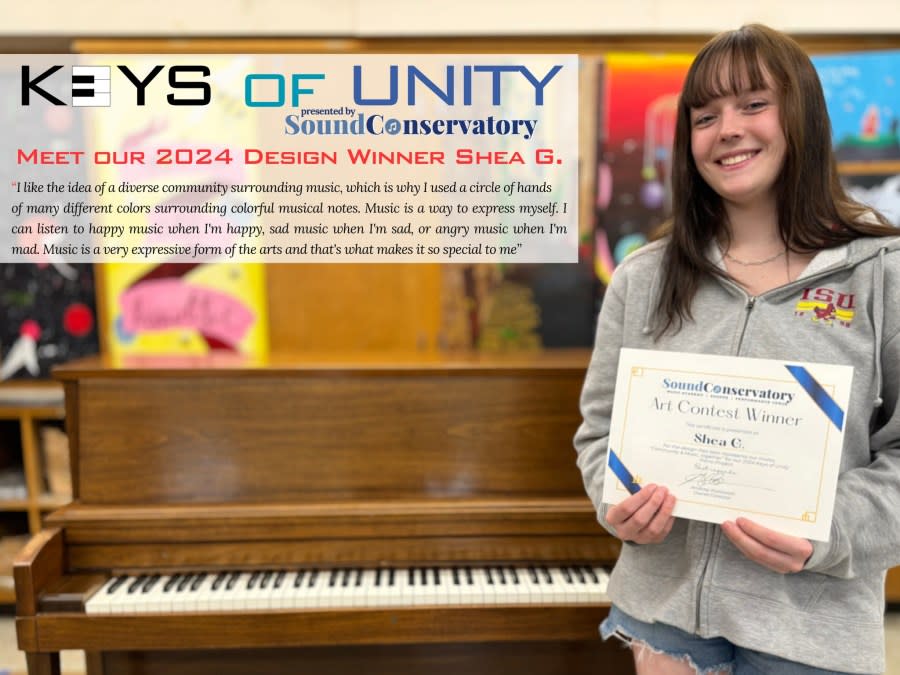 Moline art student Shea G. will paint her winning design on this upright piano donated by Sound Conservatory, 504 17th St., Moline.