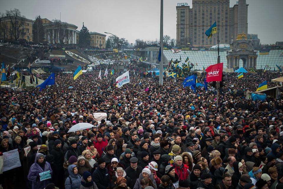Demonstrators take part in a mass rally on Independence Square in Kyiv on Feb. 9, 2014 during the Euromaidan Revolution. (Martin Bureau/ AFP via Getty Images)