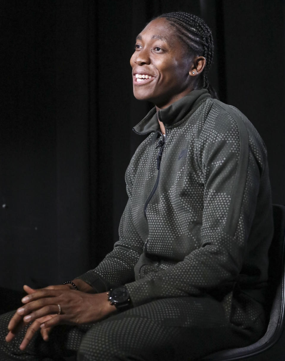 Caster Semenya, the current 800-meter Olympic gold and world champion from South Africa, and the latest recipient of the Wilma Rudolph Courage Award, speaks during an interview, Monday, Oct. 15, 2018, in New York. Semenya has filed an appeal in the Court of Arbitration for Sport against the International Association of Athletics Federations (IAAF) ruling, forcing female runners to medicate to reduce their testosterone levels for six months before racing internationally. (AP Photo/Bebeto Matthews)