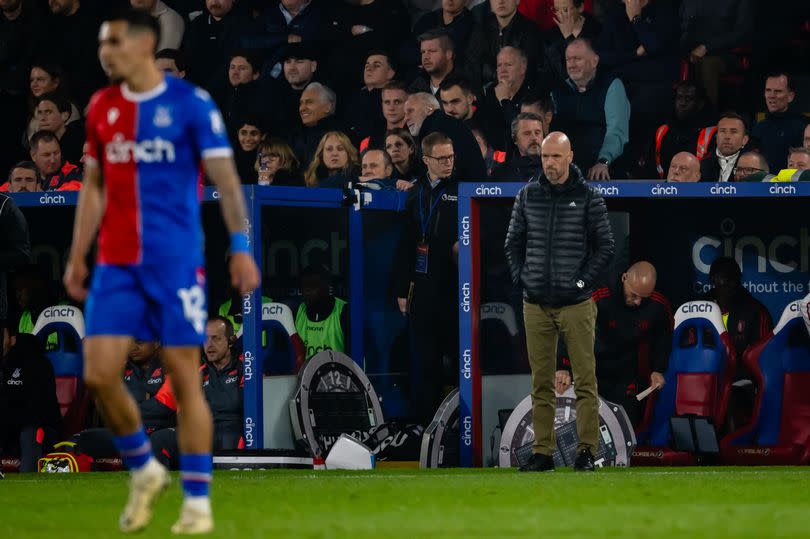 Manager Erik ten Hag of Manchester United watches from the touchline during the Premier League match between Crystal Palace and Manchester United at Selhurst Park on May 06, 2024 in London, England.