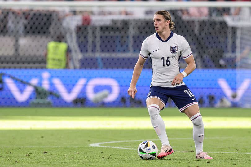 Conor Gallagher of England dribbles during the Group C - UEFA EURO 2024 match between Denmark and England at Deutsche Bank Park on June 20, 2024