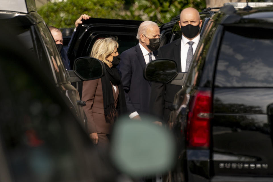 President Joe Biden and first lady Jill Biden arrive back at the White House after the first lady went to an appointment for a "common medical procedure" at an outpatient center in Washington, Wednesday, April 14, 2021. The Bidens were scheduled to go to an outpatient center in downtown Washington, which the White House did not identify. (AP Photo/Andrew Harnik)