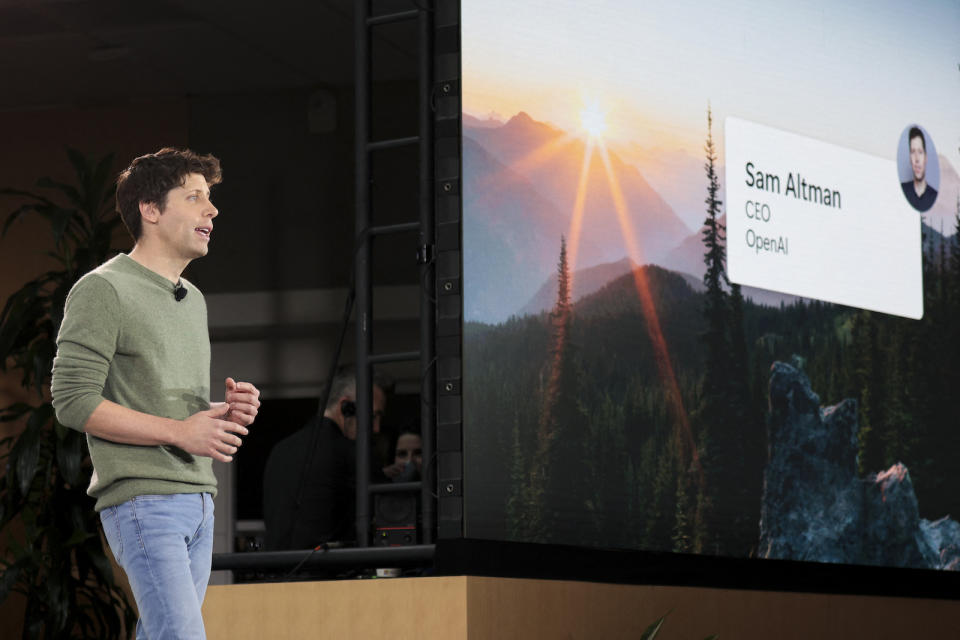 OpenAI CEO Sam Altman speaks during a keynote address announcing ChatGPT integration for Bing at Microsoft in Redmond, Washington, on February 7, 2023. - Microsoft&#39;s long-struggling Bing search engine will integrate the powerful capabilities of language-based artificial intelligence, CEO Satya Nadella said, declaring what he called a new era for online search. (Photo by Jason Redmond / AFP) (Photo by JASON REDMOND/AFP via Getty Images)