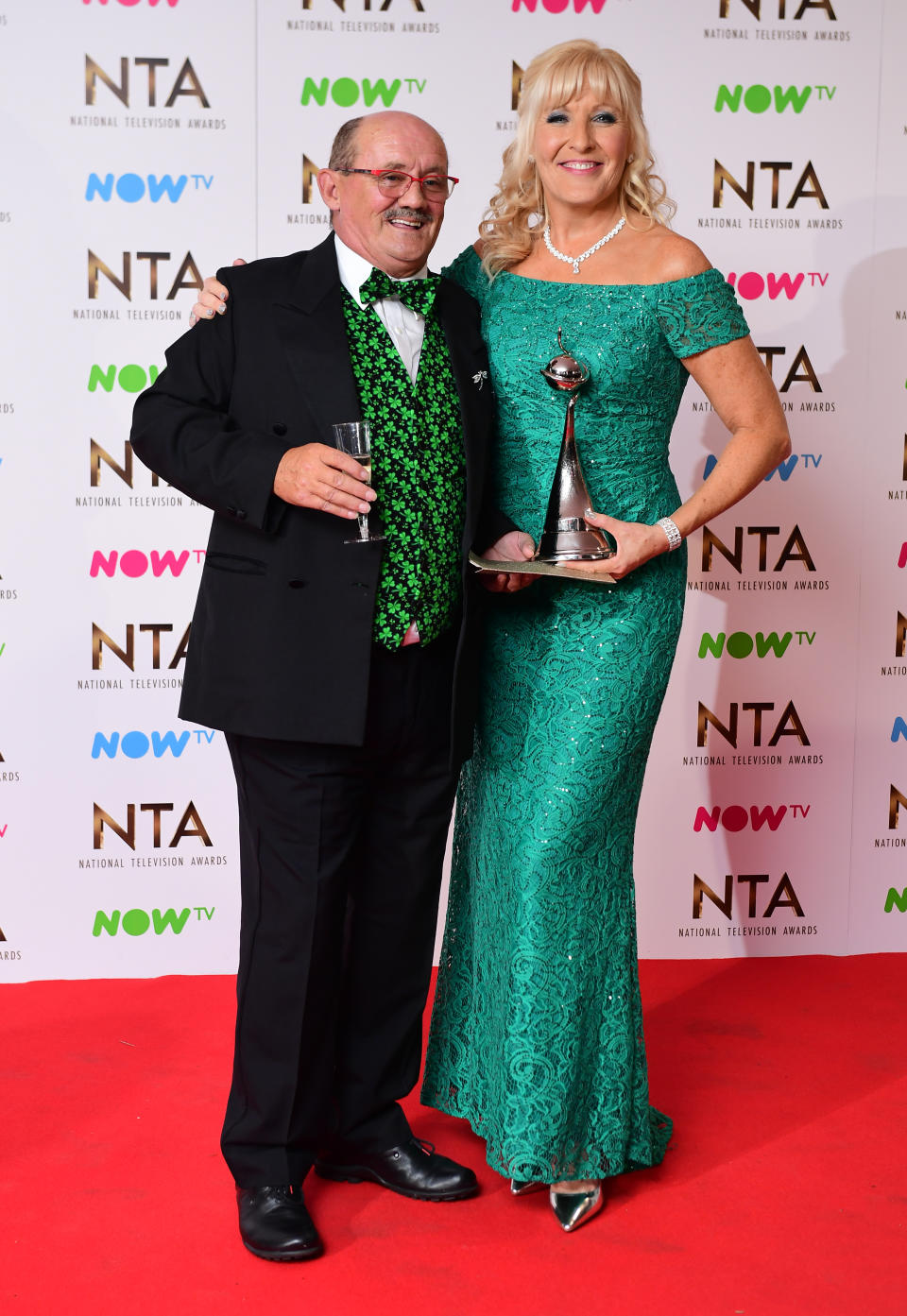 Brendan O'Carroll and wife Jennifer Gibney in the press room with the Best Comedy Award for 'Mrs Brown's Boys' at the National Television Awards 2017. (Photo by Ian West/PA Images via Getty Images)