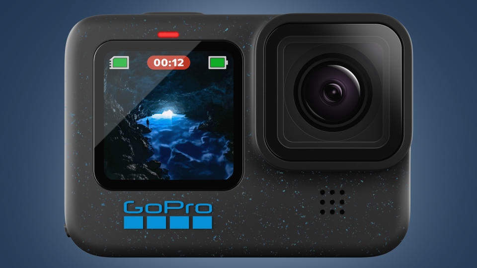 The GoPro Hero 12 Black action camera on a blue background