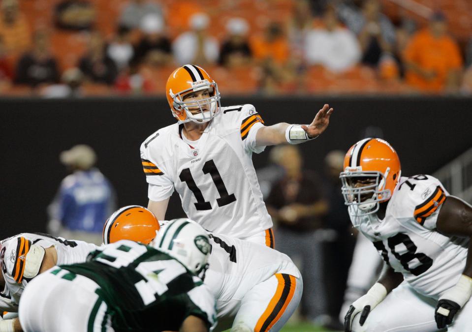 Cleveland Browns quarterback Ken Dorsey (11) calls a play at the line of scrimmage in an preseason game against the New York Jets on Aug. 7, 2008, in Cleveland.