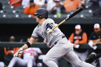 New York Yankees' Josh Donaldson watches his single against the Baltimore Orioles during the first inning of a baseball game Wednesday, May 18, 2022, in Baltimore. (AP Photo/Terrance Williams)