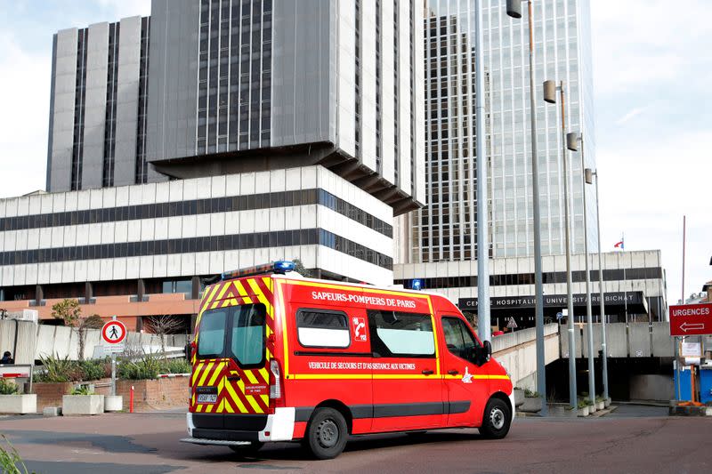 An emergency vehicle arrives at the Bichat Hospital in Paris