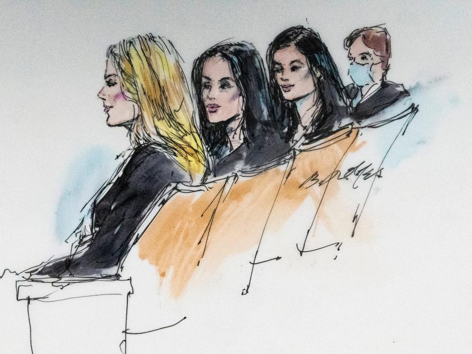 Courtroom artist sketch shows, from left, Khloe Kardashian, Kim Kardashian, Kylie Jenner and Kris Jenner seated at court in Los Angeles on April 19, 2022.