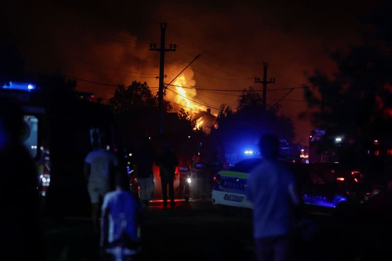 Flames rise after an explosion at a LPG station in Crevedia, near Bucharest