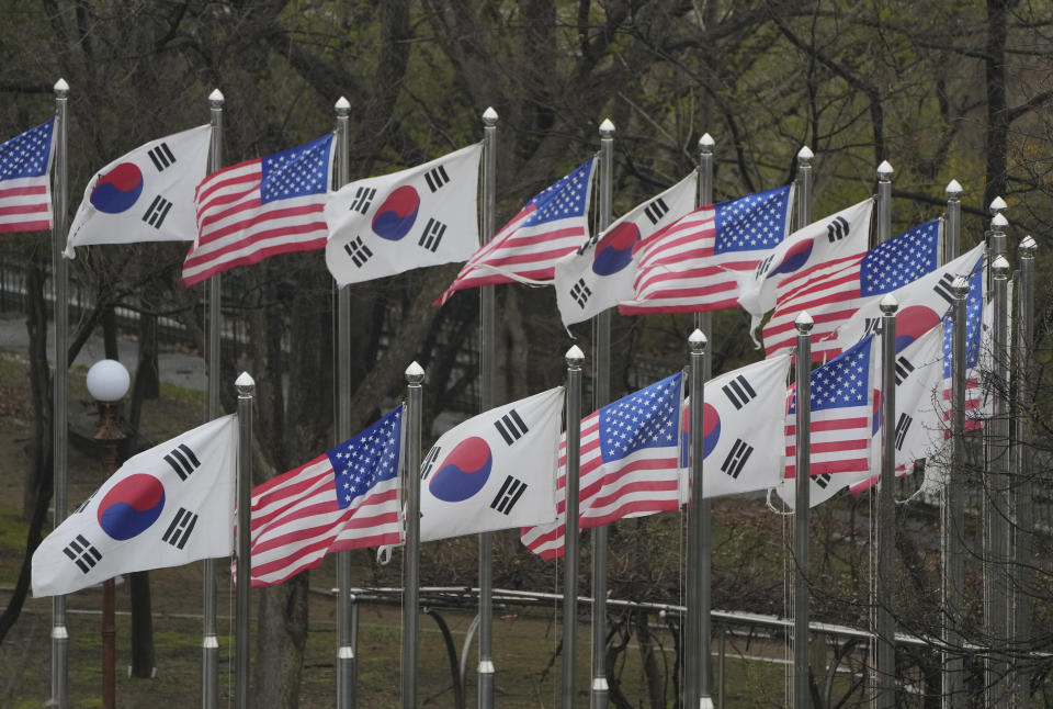 Flags of South Korea and the United States flutter at the Imjingak Pavilion in Paju, South Korea, near the border with North Korea, Tuesday, April 11, 2023. (AP Photo/Ahn Young-joon)