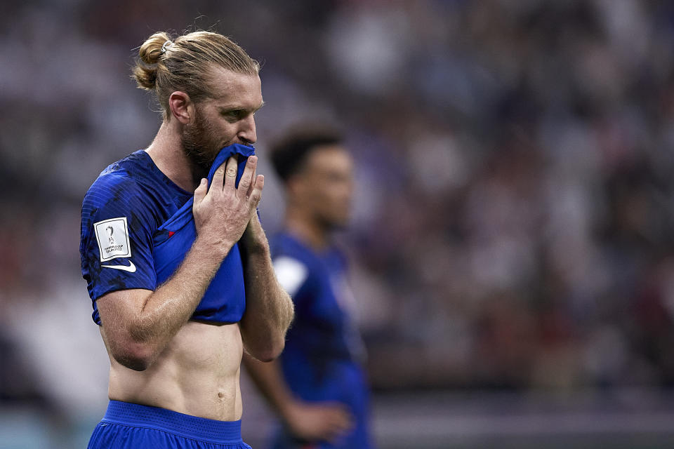 AL KHOR, QATAR - NOVEMBER 25:  Tim Ream of United States of America reacts during the FIFA World Cup Qatar 2022 Group B match between England and USA at Al Bayt Stadium on November 25, 2022 in Al Khor, Qatar. (Photo by Juan Luis Diaz/Quality Sport Images/Getty Images)