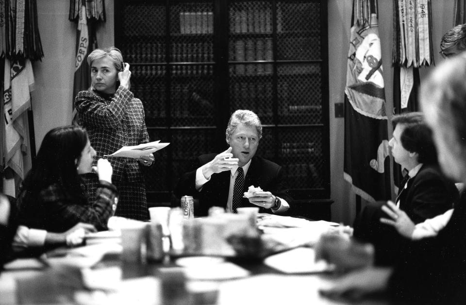 President Clinton and Hillary Clinton in a meeting about healthcare reform in the White House's Roosevelt Room.&nbsp;February 17, 1993.&nbsp;<u></u>