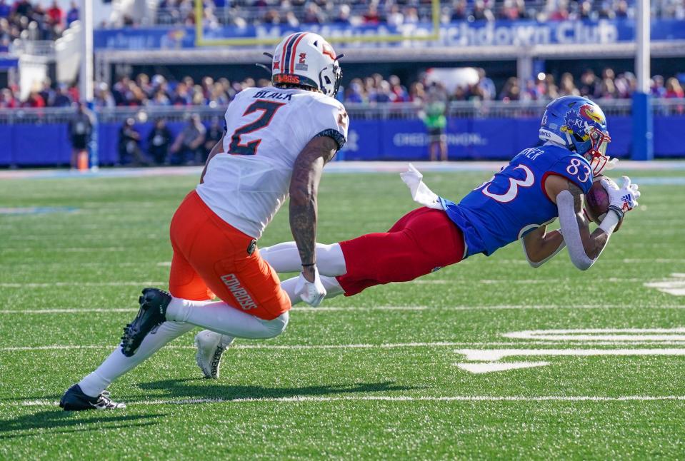 Kansas receiver Quentin Skinner catches a pass in front of OSU cornerback Korie Black on Saturday in the Jayhawks' 37-14 rout of the Cowboys. DENNY MEDEY/USA Today Sports