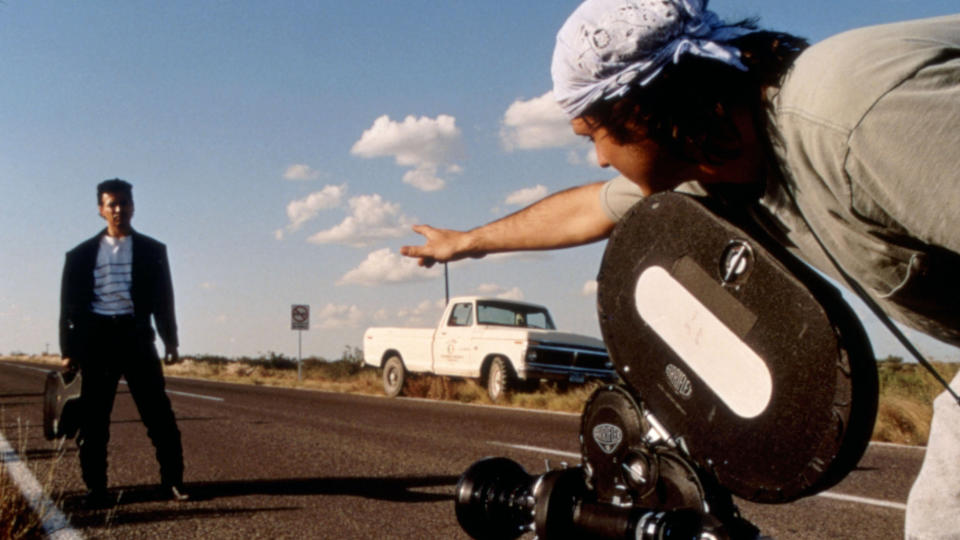 Carlos Gallardo and director Robert Rodriguez on the set of <em>El Mariachi</em> in 1992. (Photo: Columbia Pictures/Courtesy of Everett Collection)