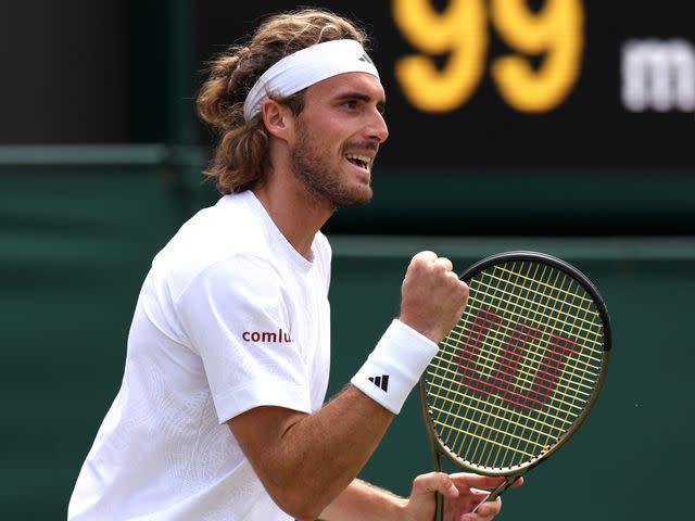 <p>Clive Brunskill/Getty</p> Stefanos Tsitsipas during day eight of The Championships Wimbledon 2023