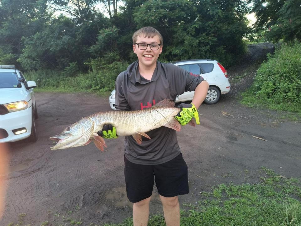 Trenten Pope of Ilion with the 37-inch, 12-pound tiger muskie he caught recently in the Mohawk River.