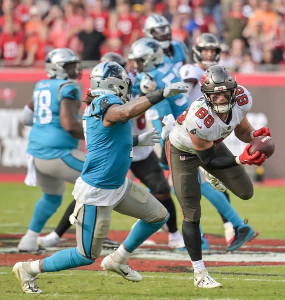 Tight end Cade Otton (88) and the Tampa Bay Buccaneers will face the Philadelphia Eagles on Monday in Tampa, Fla. File Photo by Steve Nesius/UPI