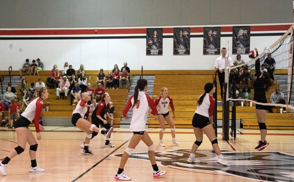 South Fort Myers hosts Evangelical Christian School in a volleyball matchup on Thursday, October 13, 2022, at South Fort Myers High School. South Fort Myers High School served as a shelter for Hurricane Ian evacuees just one week ago.