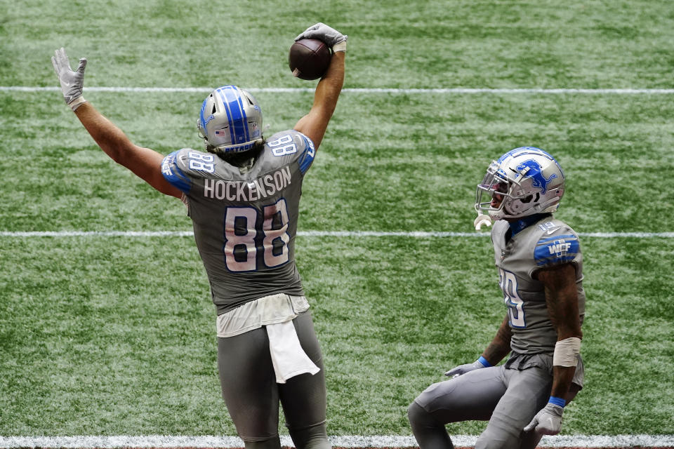 Detroit Lions tight end T.J. Hockenson (88) celebrates his touchdown against the Atlanta Falcons during the second half of an NFL football game, Sunday, Oct. 25, 2020, in Atlanta. The Detroit Lions won 23-22. (AP Photo/Brynn Anderson)