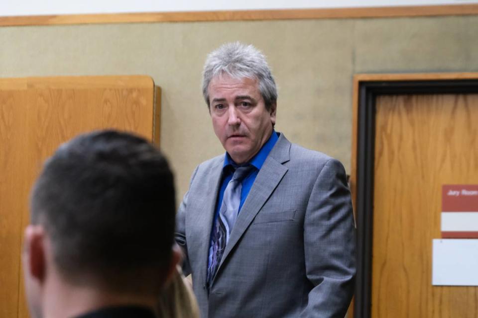 Defense attorney Pierre Blahnik stands during the preliminary hearing against his client, Alfred Leroy Sweet, in San Luis Obispo Superior Court on Feb. 1, 2024. Sweet is charged with sexually assaulting his child on multiple occasions.