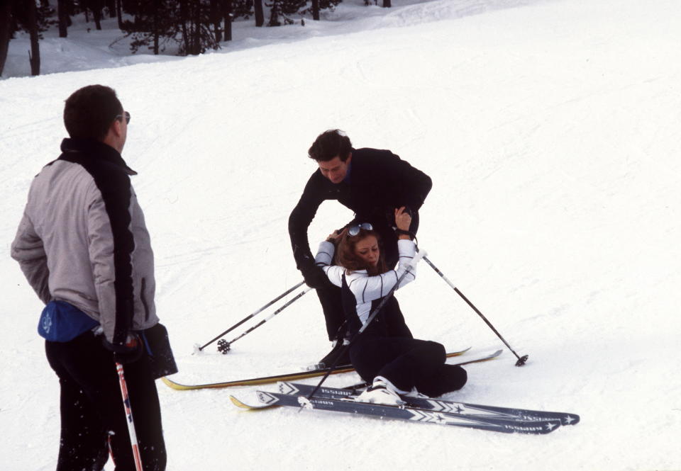 <p><strong>Ms. Switzerland</strong> <strong>1980</strong>, <strong>Barbara Meyers</strong>, is caught crashing into <strong>Prince Charles</strong> while skiing in <strong>Davos, Switzerland.</strong> </p>