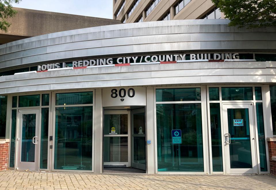 The Louis L. Redding City/County Building's revolving door entrance, seen Wednesday, Aug. 30, 2023.