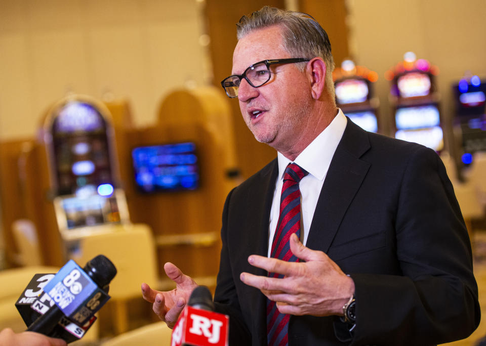 Resorts World Las Vegas President Scott Sibella speaks during a tour of property before its opening in Las Vegas, June 23, 2021. Former top executive at Las Vegas Strip casinos, Sibella, faces a judge in Los Angeles on Wednesday, May 8, 2024, and possible federal prison time after pleading guilty to violating federal anti-money laundering rules. (Chase Stevens/Las Vegas Review-Journal via AP)