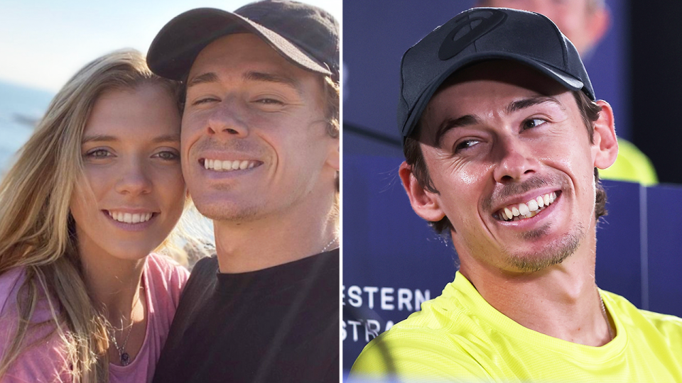 Alex de Minaur and Katie Boulter embrace and de Minaur smiles.