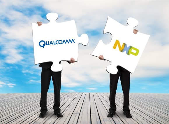 Two men holding up large puzzle pieces, one featuring Qualcomm's corporate logo and the other blazoned with the NXP equivalent.
