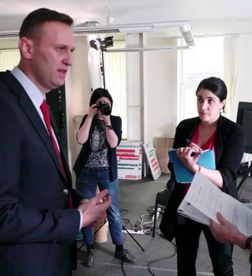 Russian opposition leader Alexei Navalny, left, and “60 Minutes” producer Alexandra Poolos during a 2017 interview in Russia.