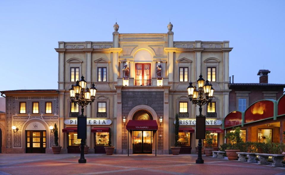 Via Napoli is a casual pizzeria in the Italy pavilion at Epcot, featuring a selection of Neapolitan pizzas. The architecture and design of the pizzeria is based on a mix of traditional Italian styles. (Disney)