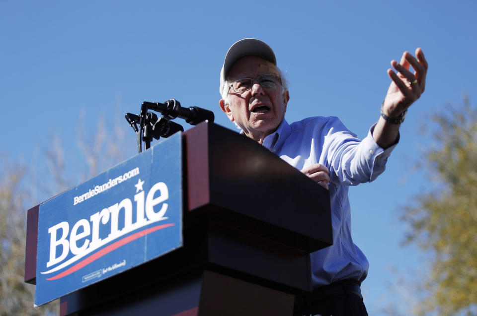 FILE - In this March 16, 2019 photo, 2020 Democratic presidential candidate Sen. Bernie Sanders speaks at a rally in Henderson, Nev. The Vermont senator was an insurgent outsider three years ago in a head-to-head race against Hillary Clinton, the former first lady and secretary of state whose grip on the Democratic nomination was effectively unshakeable by the time California's primary was held in June that year. When Sanders heads to San Diego on Friday for the first of three California campaign rallies, the self-described democratic socialist will be asking for votes in a Democratic contest in which he's a top-shelf candidate. (AP Photo/John Locher)