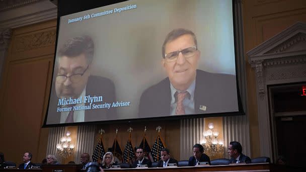 PHOTO: A video of former National Security Advisor Michael Flynn is played as Cassidy Hutchinson, testifies during the sixth hearing by the House Select Committee to Investigate the January 6th Attack on the Capitol, June 28, 2022.  (Mandel Ngan/AFP via Getty Images)