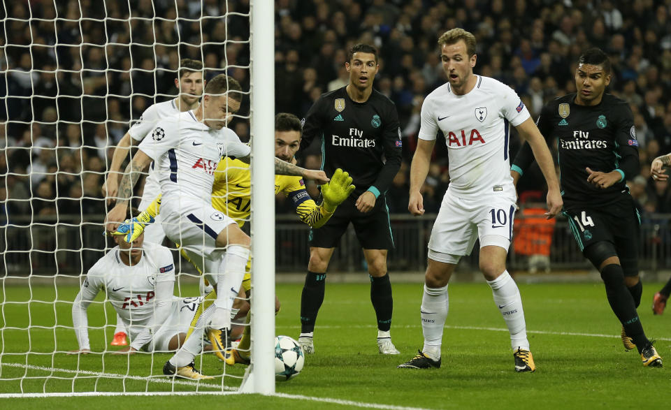 Tottenham’s Kieran Trippier, left, saves during a Champions League Group H soccer match between Tottenham Hotspurs and Real Madrid at the Wembley stadium in London, Wednesday, Nov. 1, 2017. (AP Photo/Tim Ireland)