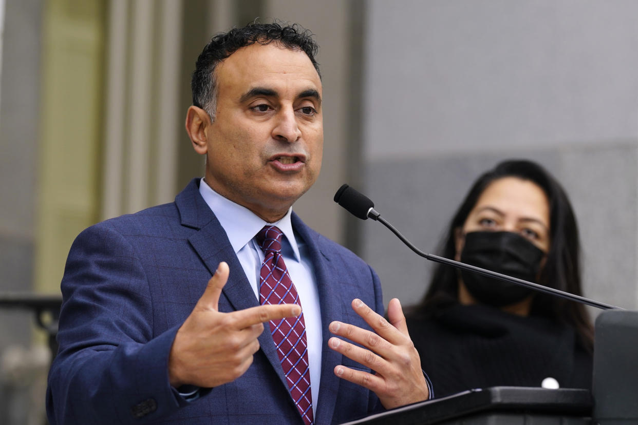 FILE - Assemblyman Ash Kalra, D-San Jose, discusses his bill that would pay for the universal health care bill, during a news conference at the Capitol in Sacramento, Calif., Thursday, Jan. 6, 2022. California lawmakers will have their first opportunity to debate Kalra's measure to create the nation's first universal health care system when it goes before the Assembly Health Committee, Tuesday, Jan. 11. (AP Photo/Rich Pedroncelli, File)