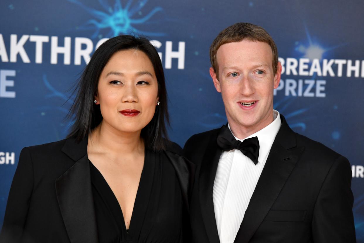 Priscilla Chan and Mark Zuckerberg attend the 2020 Breakthrough Prize Red Carpet at NASA Ames Research Center on November 03, 2019 in Mountain View, California